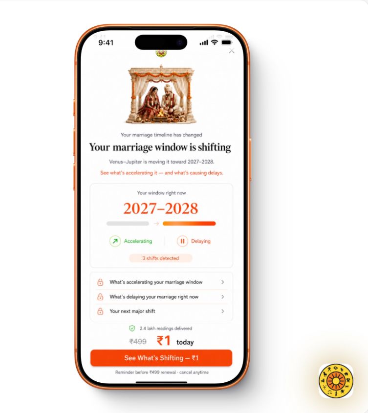 HiAstro marriage-window paywall showing personalized timing and the one-rupee offer